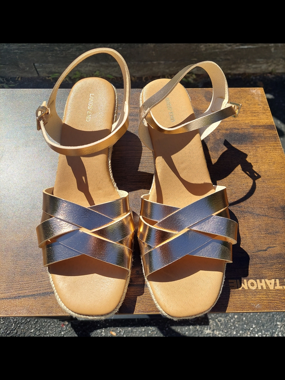 Lands End Metallic Rose Gold Espadrille Wedge Sandals Women Size 8.5 Coastal - Picture 3 of 14